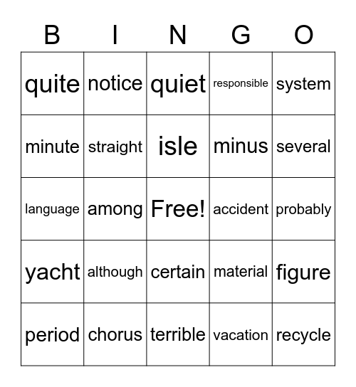 Sight Word Bingo Card