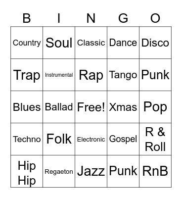 Music Genre Bingo Card