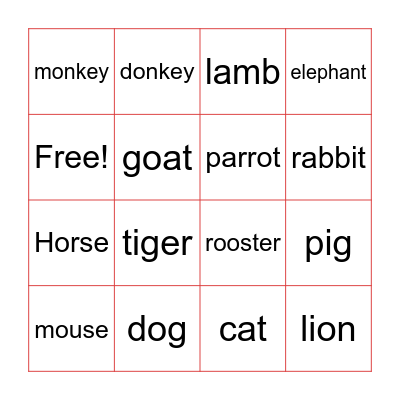 Animals Bingo Card