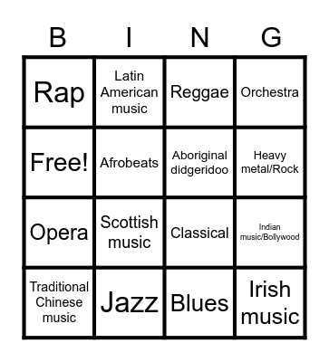 Music day genre bingo Card