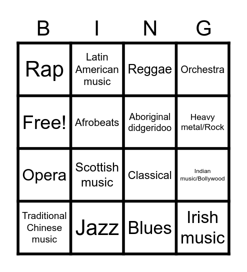 Music day genre bingo Card