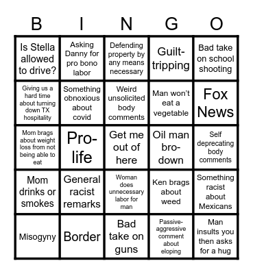 Dysfunctional Family Bingo Card