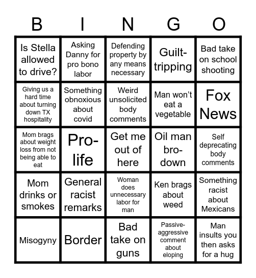 Dysfunctional Family Bingo Card