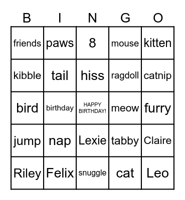 Claire's Kitty BINGO! Bingo Card