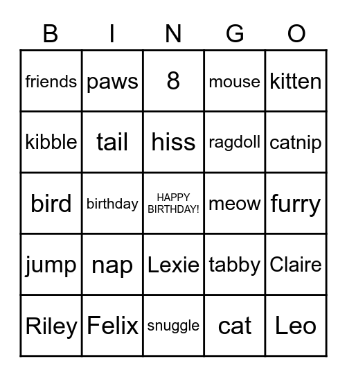 Claire's Kitty BINGO! Bingo Card