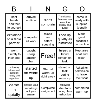 Classroom Bingo Card