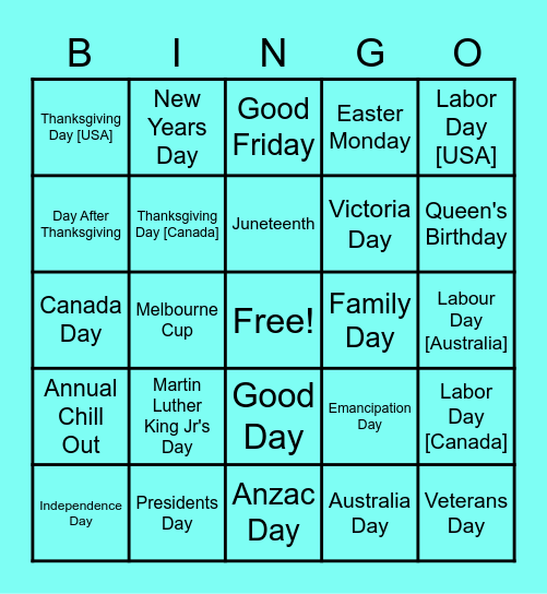 Company Holiday's Bingo US & Canada & Australia Bingo Card