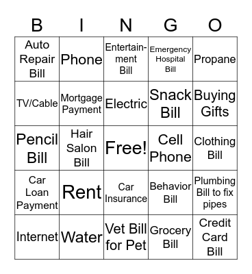 Variable and Fixed Costs Bingo Card