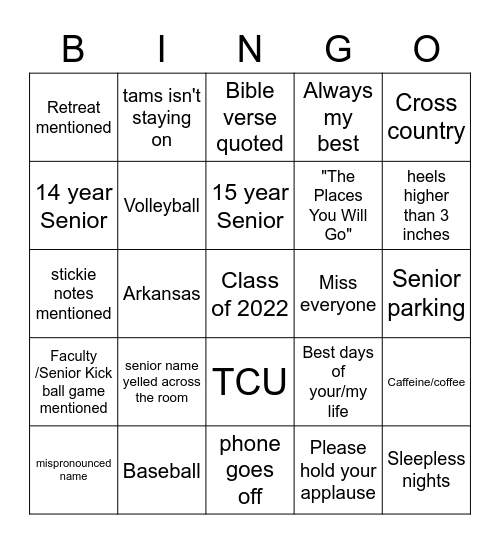 Graduation Bingo Card