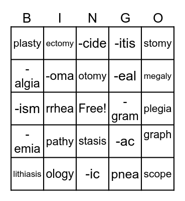 Medical Terminology - SUFFIXES Bingo Card