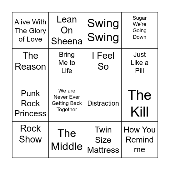 Emo & Pop Punk Bingo Card