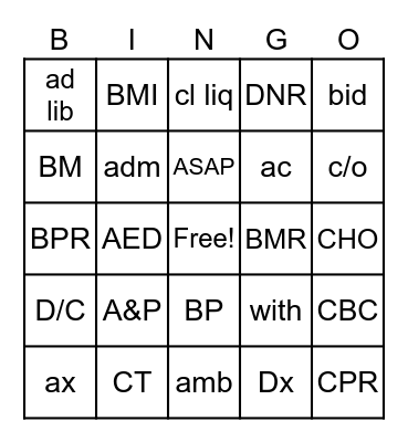 Medical Terminology - ABBREV #1 Bingo Card