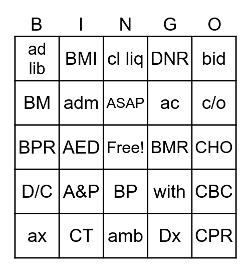 Medical Terminology - ABBREV #1 Bingo Card