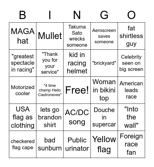 Indy 500 Bingo Card