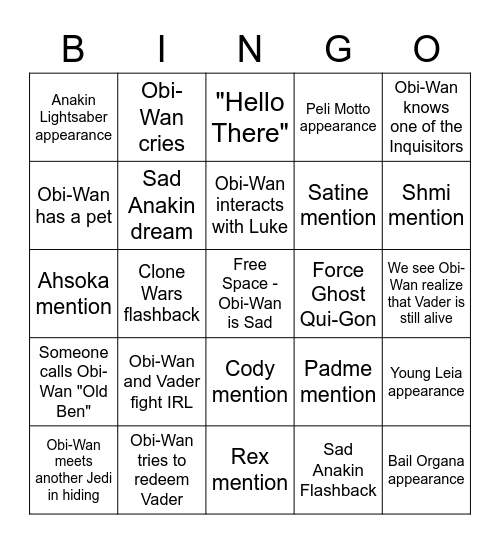 Obi-Wan Kenobi TV Show Bingo Card
