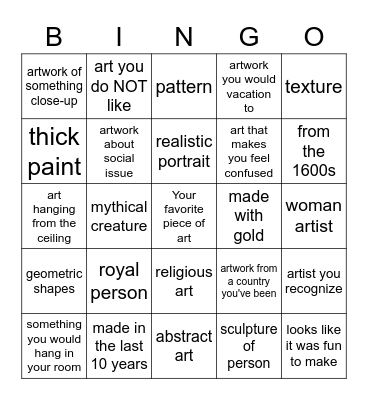 Art Museum Bingo Card