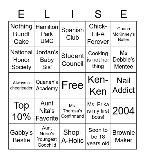 "Congratulations Kennedy Elise Hartman" Bingo Card