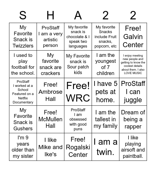 SHA Bingo Card