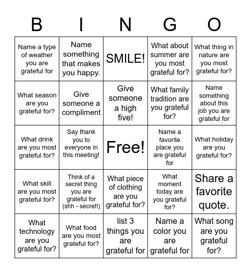 Gratitude Bingo Card