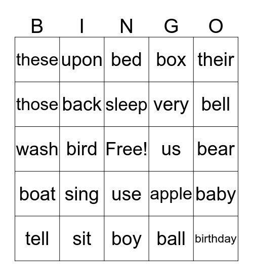Sight Word Bingo Card