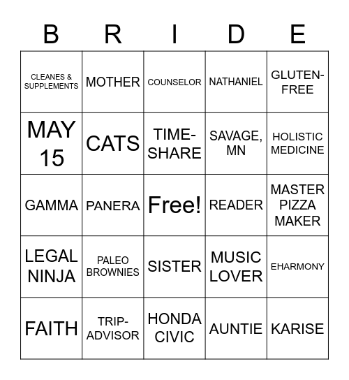 BOPPER'S BRIDAL BINGO Card