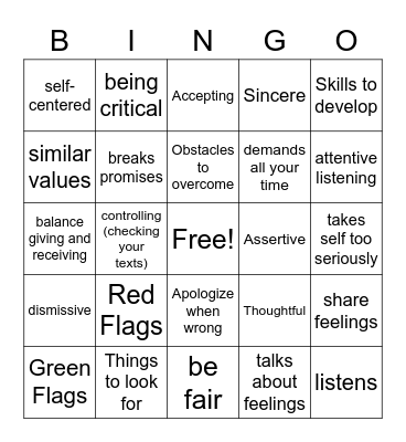 Relationship Bingo Card