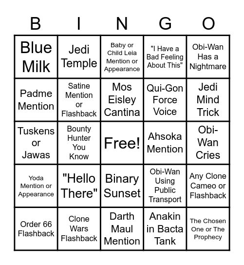 Obi-Wine Kenobi Bingo Card