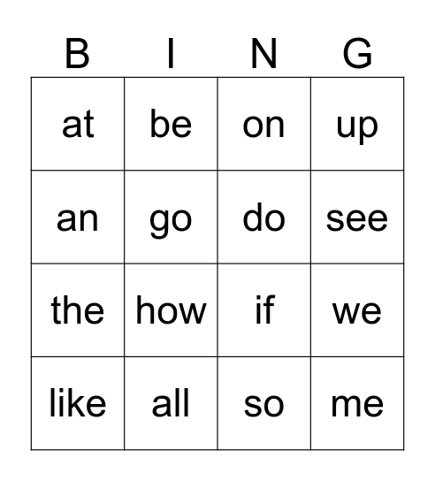 High Frequency word Bingo 1 Bingo Card