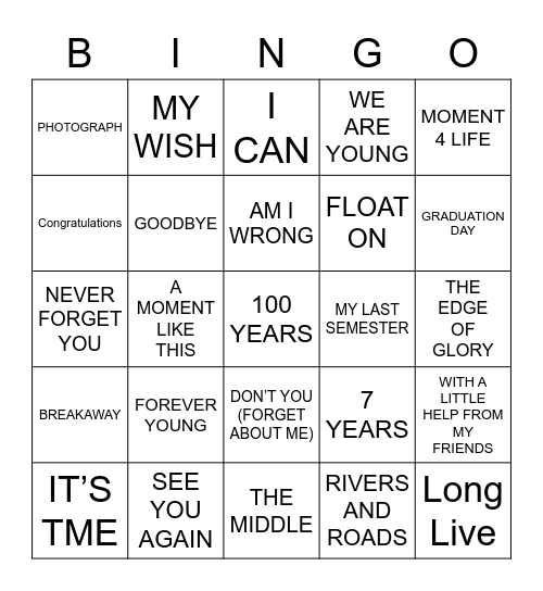 GRADUATION SONGS Bingo Card
