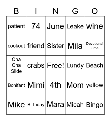 Donna's Birthday Bingo Card