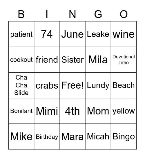 Donna's Birthday Bingo Card