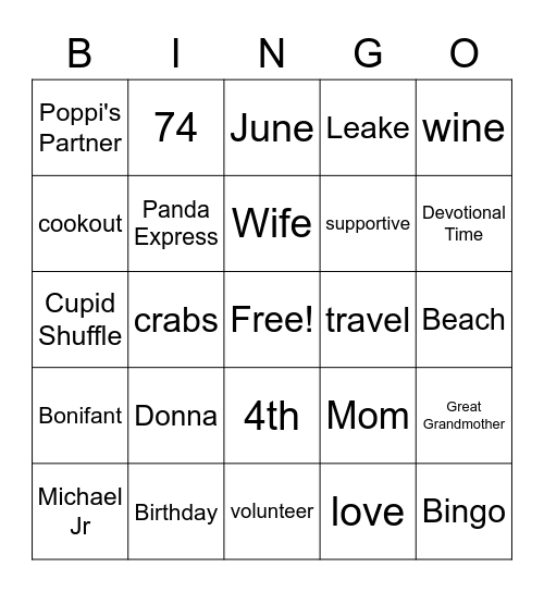 Donna's Birthday Bingo Card