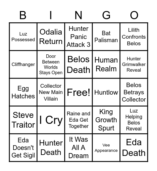 TOH Finale Bingo Card