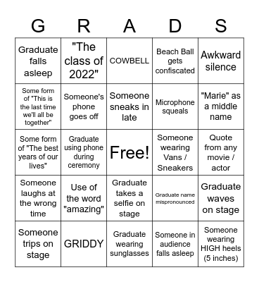 Graduation 2022 Bingo Card