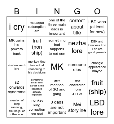 monkie kid Bingo Card