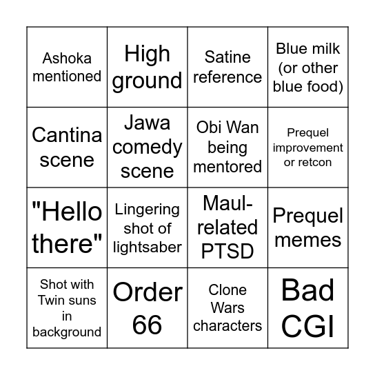 Obi Wan Bingo Card