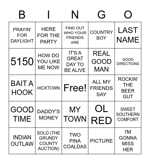 COUNTRY HITS Bingo Card