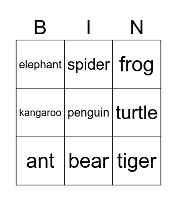 Animals Bingo Card