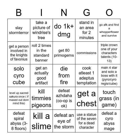 genshin bingo Card