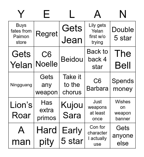 Yelan Bungo Bingo Card