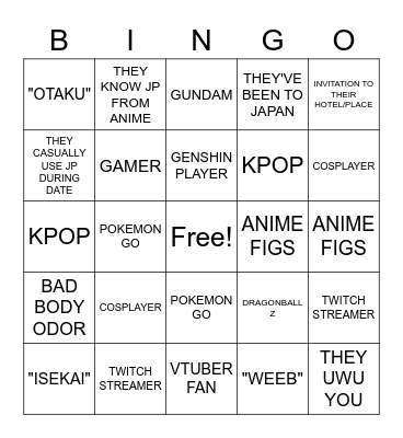 WEEB SPEED DATING BINGO Card