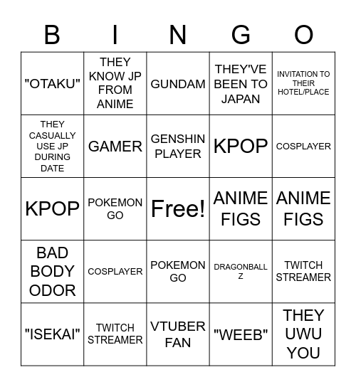 WEEB SPEED DATING BINGO Card