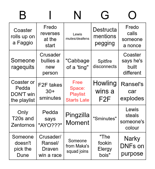 GTA Races Bingo/Drinking Game Bingo Card