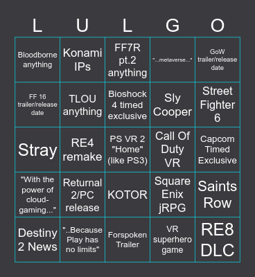 Sony State Of Play Bingo Card