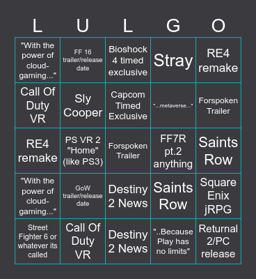Sony State Of Play Bingo Card