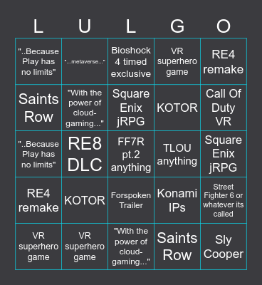 Sony State Of Play Bingo Card