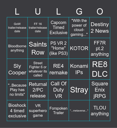 Sony State Of Play Bingo Card