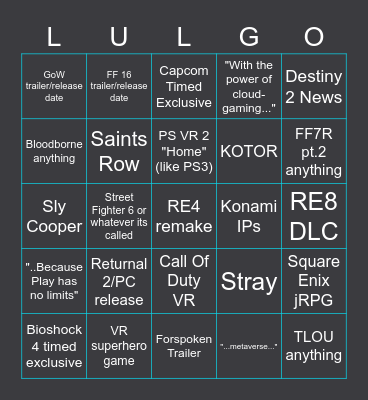 Sony State Of Play Bingo Card