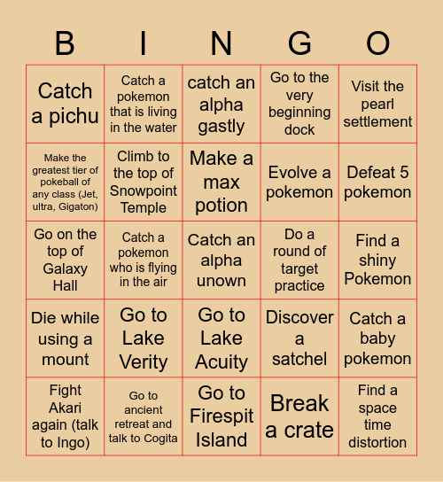 Pokemon Legends Arceus Bingo Card