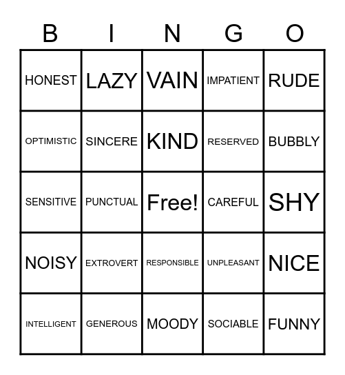 PERSONALITY TRAITS Bingo Card